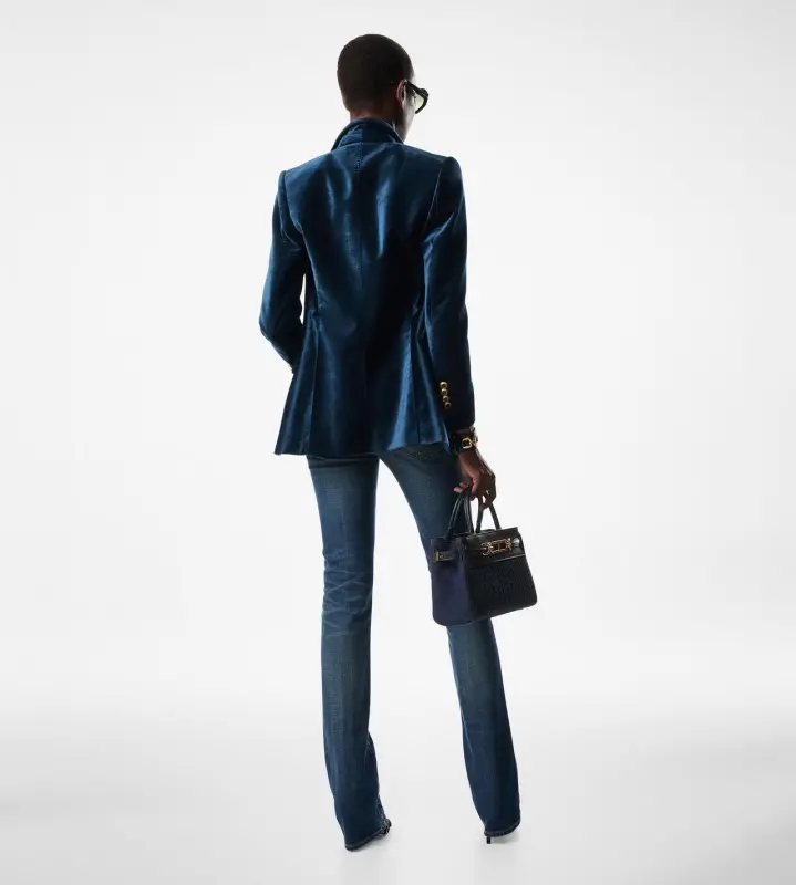 STRETCH RAW DENIM FLARED PANTS MID BLUE online